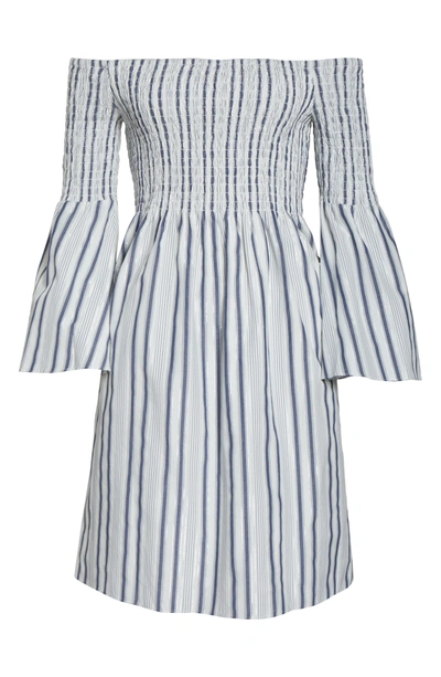 Shop Sam Edelman Metallic Ticking Stripe Smocked Off The Shoulder Dress In Blue/ White