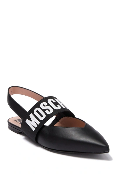 Shop Moschino Logo Leather Pointed Toe Slingback Flat In Black