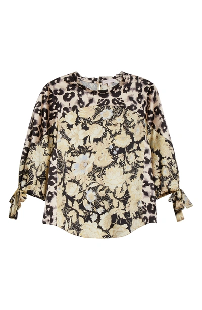 Shop Rebecca Taylor Floral Leopard Print Tie Sleeve Silk Blouse In Black Combo