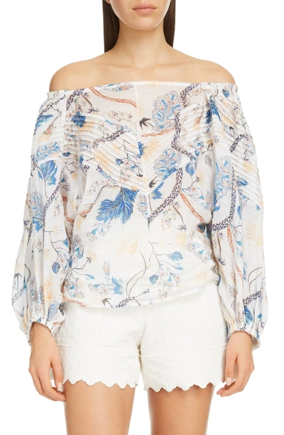 Shop Chloé Pintucked Floral Print Off The Shoulder Blouse In White - Pink