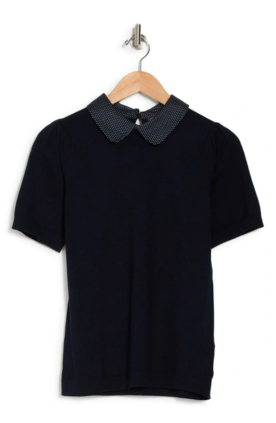 Shop Adrianna Papell Hammered Satin Collar Short Sleeve Sweater In Navy W/navy/ivory Mini Dot