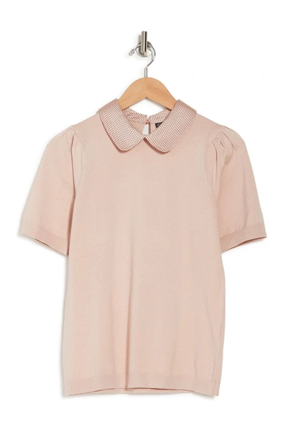 Shop Adrianna Papell Hammered Satin Collar Short Sleeve Sweater In Pearl Blush W/blush Mini Dot