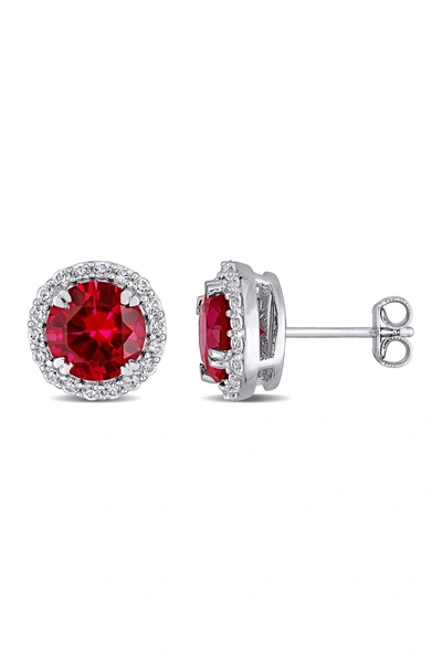 Shop Delmar Sterling Silver Created Ruby & White Sapphire Stud Earrings In Red