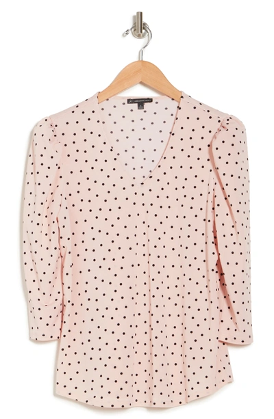 Shop Adrianna Papell Polka Dot V-neck 3/4 Sleeve Moss Crepe Top In Champagne Basic Dot