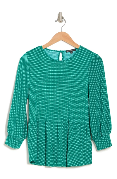 Shop Adrianna Papell 3/4 Sleeve Pleated Moss Crepe Top In Lucid Emerald/ivory Small Dot