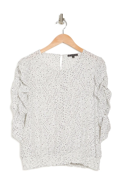 Shop Adrianna Papell Printed Poly Crepe 3/4 Sleeve Blouse In Ivory/black Scattered Dot