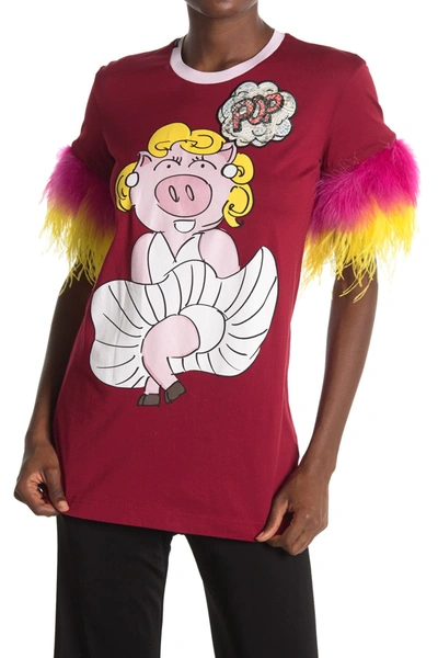 Shop Dolce & Gabbana Graphic Feather Trim T-shirt In Lala Pig