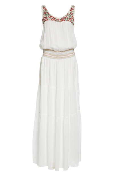 Shop Nicole Miller Embroidered Silk Maxi Dress In Bright White