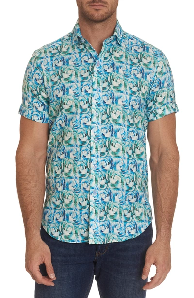 Shop Robert Graham Fuller Regular Fit Floral Linen Blend Short Sleeve Button-up Shirt In Teal