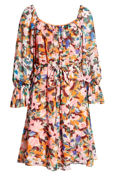 Shop Donna Morgan Floral Long Sleeve Crepe Dress In Tangerine/ Pink