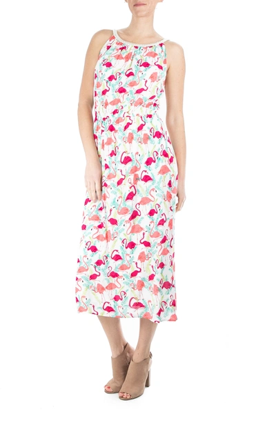 Shop Nina Leonard Braid Neck Printed Maxi Dress In White/ Coral Multi