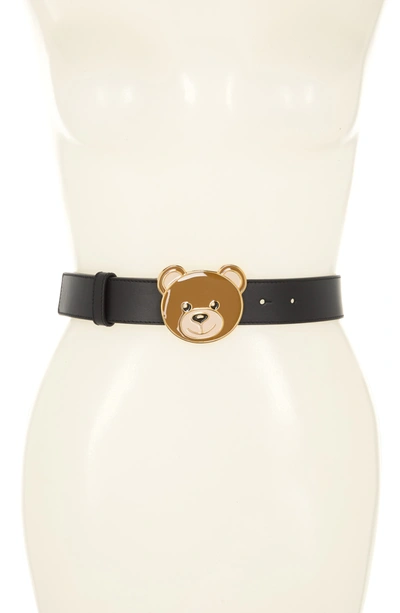 Shop Moschino Bear Buckle Leather Belt In Black
