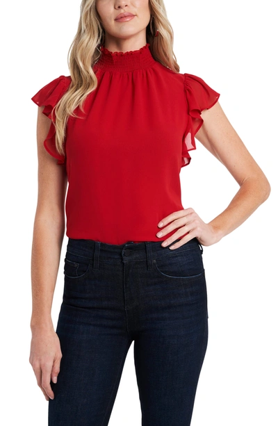 Shop 1.state Flutter Sleeve Smocked Neck Blouse In Vibrant Red