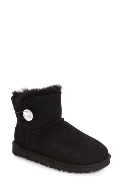 Shop Ugg Mini Bailey Button Bling Boot In Black Suede