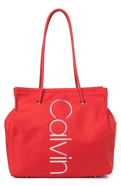 Shop Calvin Klein Logo Embellished Nylon Tote Bag In Crimson