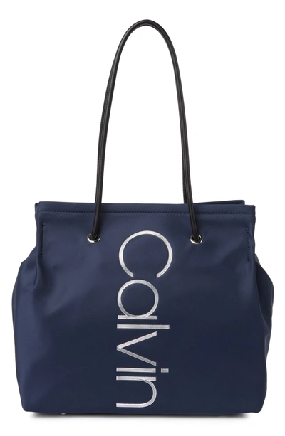 Shop Calvin Klein Logo Embellished Nylon Tote Bag In Navy