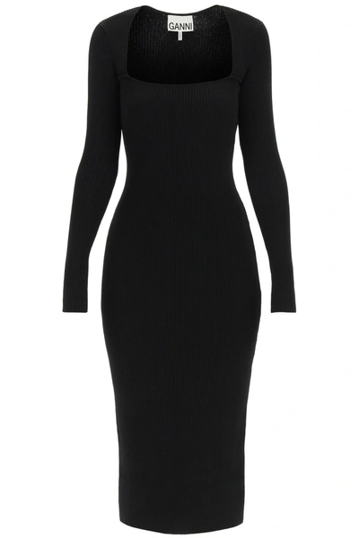 Shop Ganni Ribbed Midi Dress In Black