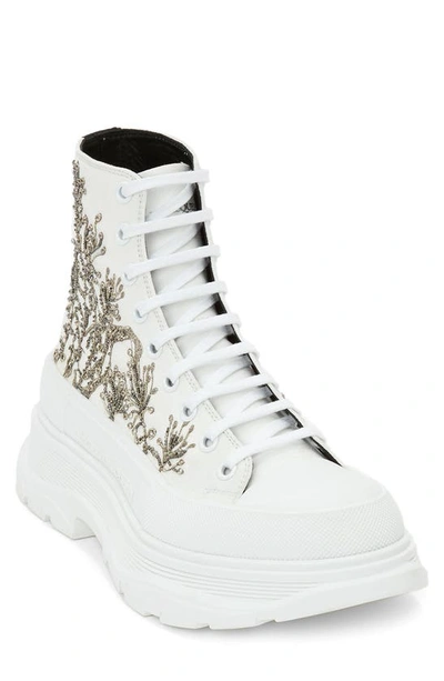 Shop Alexander Mcqueen Tread Slick Embroidered High Top Sneaker In White/ Silver