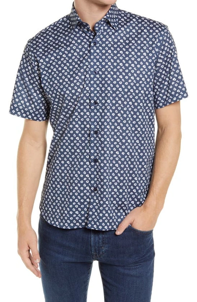 Shop Jeff Wide Eyes Short Sleeve Stretch Button-up Shirt In Navy Blue