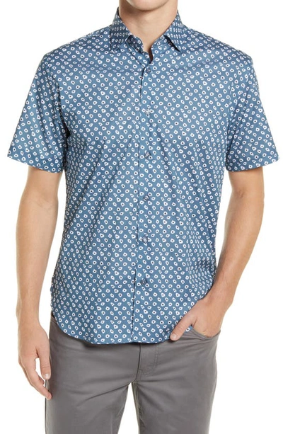 Shop Jeff Wide Eyes Short Sleeve Stretch Button-up Shirt In Teal
