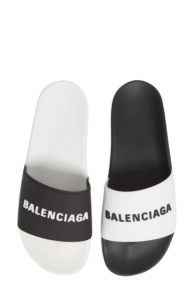 Balenciaga Pool Logo Slide Sandals White And Black In Black/ White |  ModeSens