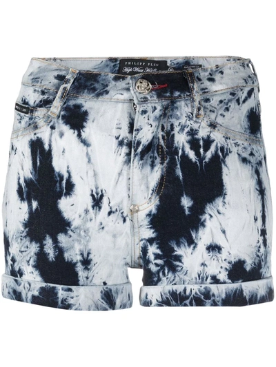 Shop Philipp Plein Bleached Denim Mini Shorts In Blau