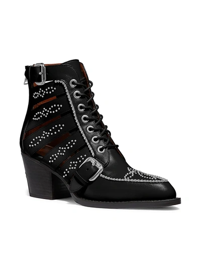 Shop Coach Paisley Studded Cutout Leather Ankle Boots In Black