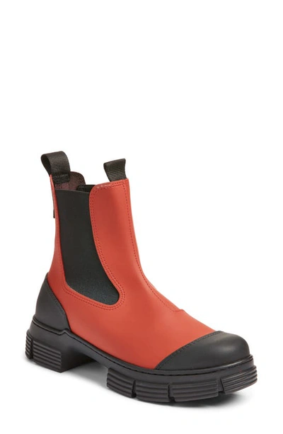 Shop Ganni Recycled Rubber Chelsea Rain Boot In Madder Brown