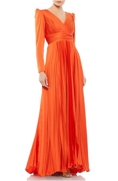 Shop Mac Duggal Long Sleeve Pleated Chiffon A-line Gown In Sunset