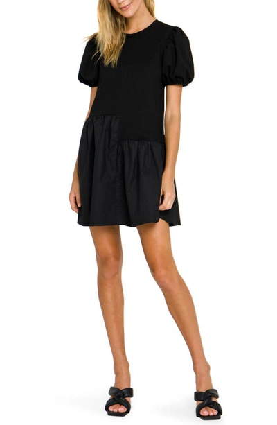 English Factory Puff Shoulder Mixed Media Minidress In Black