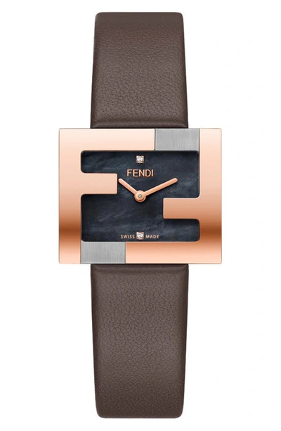 Shop Fendi Mania Diamond Leather Strap Watch, 24mm X 20mm In Brown/ Black Mop/ Rose Gold