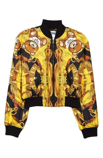Shop Moschino Teddy Scarf Print Silk Bomber Jacket In Fantasy Print Yellow