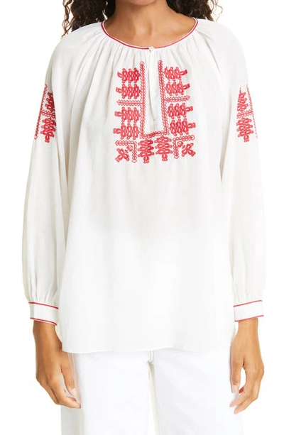 Shop Nili Lotan Lanette Embroidered Top In Cream With Red Embroidery