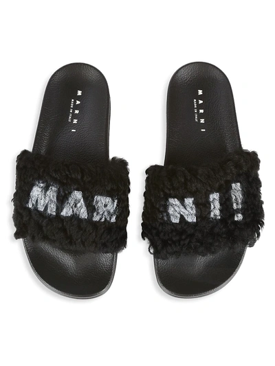 Shop Marni Men's Shearling Logo Slides In Black