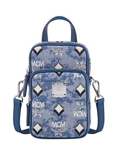 Shop Mcm Men's Jacquard Monogram Crossbody Bag In Blue