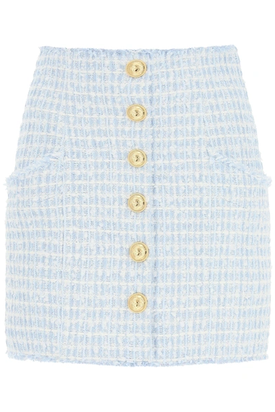 Shop Balmain Tweed High Waisted Miniskirt In Light Blue