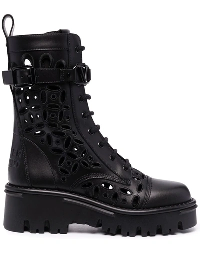 Valentino Cutout Leather Combat Boot In Schwarz
