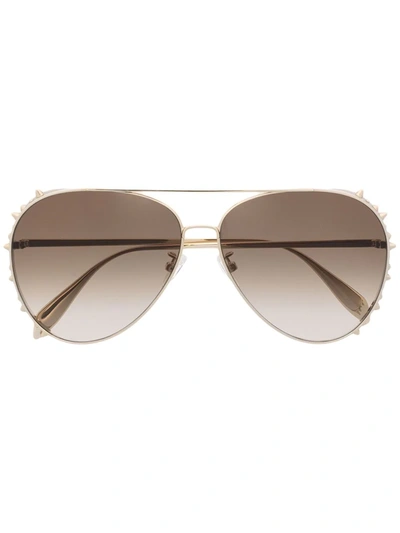 Shop Alexander Mcqueen Spike-stud Pilot-frame Sunglasses In Gold