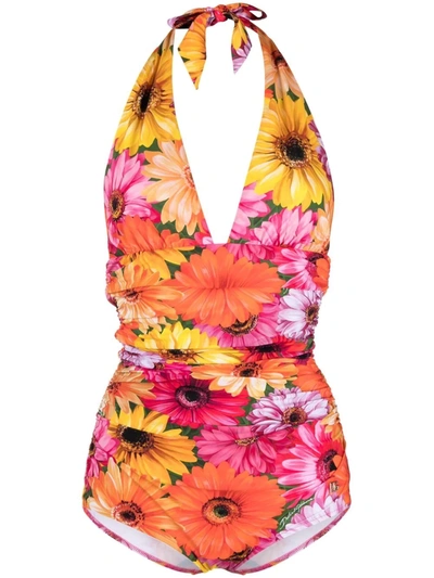 Shop Dolce & Gabbana Floral-print Halterneck Swimsuit In Rosa