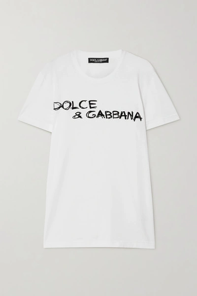 Shop Dolce & Gabbana Flocked Cotton-jersey T-shirt In White