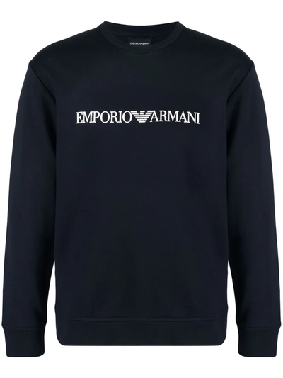 Emporio Armani Cotton Blend Crewneck Sweatshirt In Blau