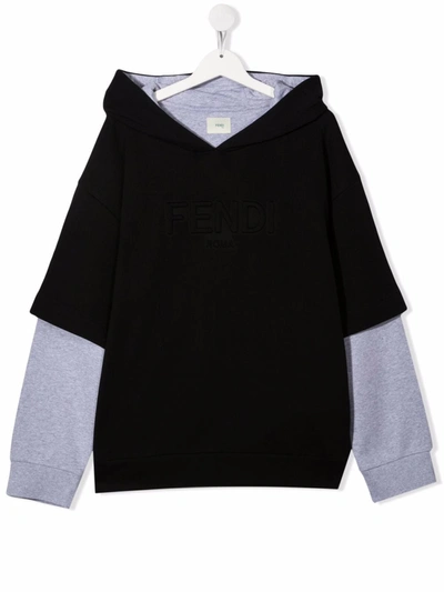 Shop Fendi Embossed-logo Long-sleeve Hoodie In Black
