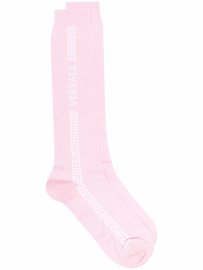 Shop Versace Greca Ribbed Socks In Pink