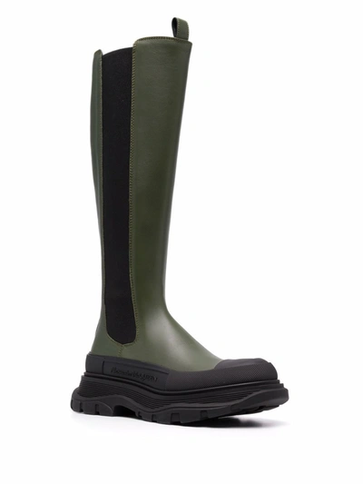 Alexander Mcqueen 40mm Tread Slick Leather Tall Boots In Kaki