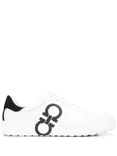 Ferragamo White Sneakers With Gancini Print On The Side And Contrasting Heel In White
