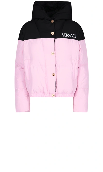 Shop Versace Logo Puffer Jacket In Pink