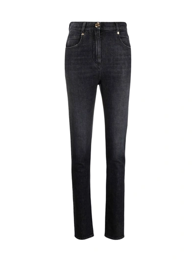 Shop Balmain High Waist Skinny Jeans W/ Monogram - Eco Sustainable In Pc Noir Delave