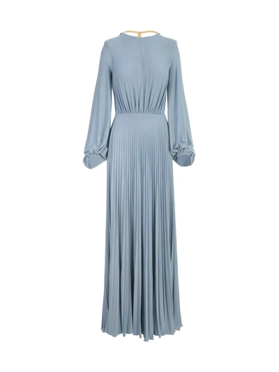 Shop Elisabetta Franchi Pleated Skirt W/side Slit Long Dress In Baby Blue