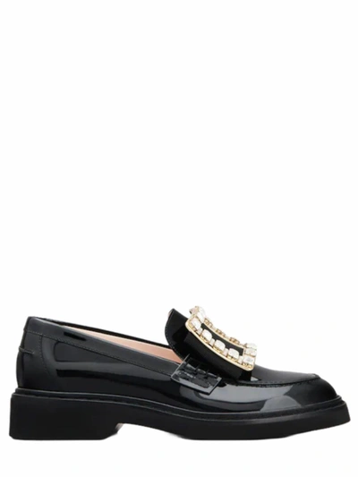 Shop Roger Vivier Black Viv' Rangers Patent Leather Loafers With Rhinestone Buckle In Nero