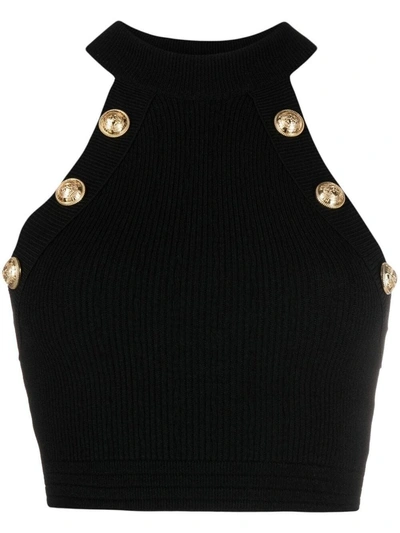 Shop Balmain Black Knit Crop Top With Gold-tone Buttons In Nero